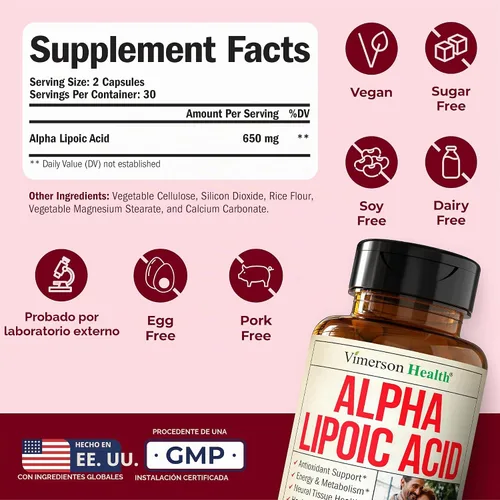 Vista 3 de Ácido alfa lipoico – ALA de alta potencia 650mg para apoyo nervioso 60