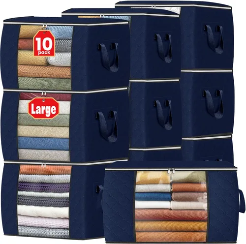 Vista 40 de Fab totes Paquete de 3 bolsas de almacenamiento plegables de tela gruesa, contenedores para organizar dormitorio, armario, ropa, edredón, Beige