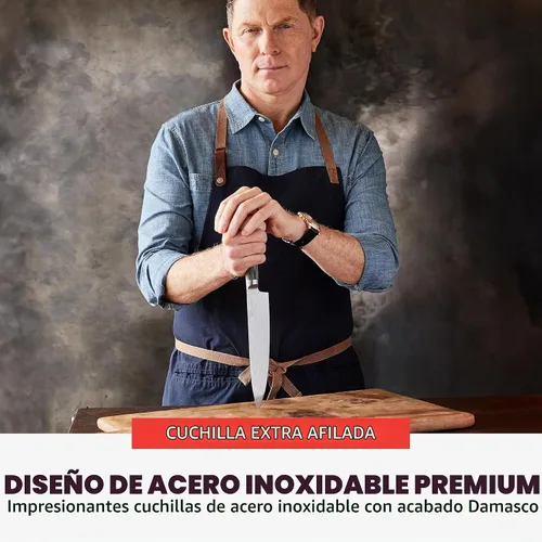 Vista 2 de GreenPan x Bobby Flay - Cuchillo de chef de 8 pulgadas con funda, hoja de acero inoxidable de alta calidad, herramienta de cocina de corte de Marrón