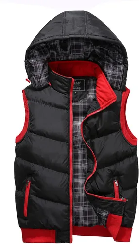 Vista 47 de WENKOMG1 Chaleco con capucha con doble cremallera para hombre, abrigo de color sólido, abrigo cálido y grueso, sin mangas, chaqueta suelta