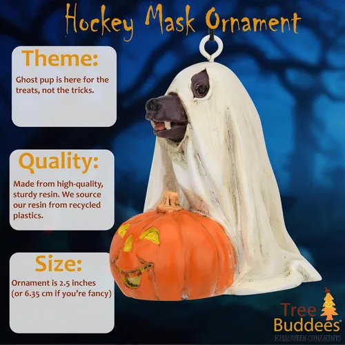 Vista 2 de Tree Buddees Lindo perro vestido como fantasma con calabaza adorno de Halloween