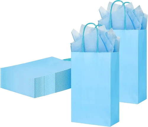 Vista 7 de DjinnGlory Paquete de 24 pequeñas bolsas de regalo de papel azul con asas de 9 x 5.5 x 3.15 pulgadas y 24 papel de regalo de seda para negocios