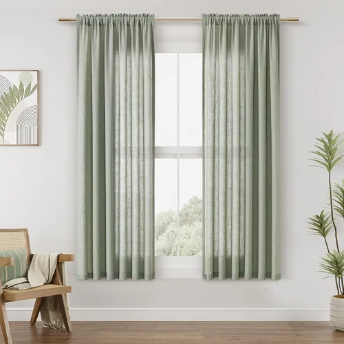 Vista 26 de Cortinas de lino verde aguamarina de 84 pulgadas de largo, juego de 2 paneles semitransparentes con bolsillo para barra para comedor, decoración