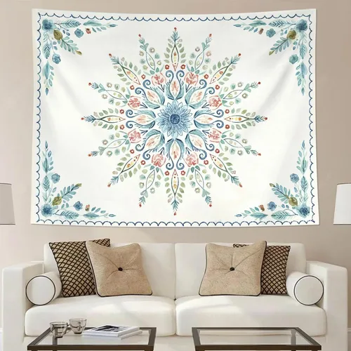 Vista 4 de Accnicc Tapiz bohemio con mandala floral para dormitorio, tapiz de pared con flores bohemias, pequeño, acuarela, azul, blanco, hippie, indio