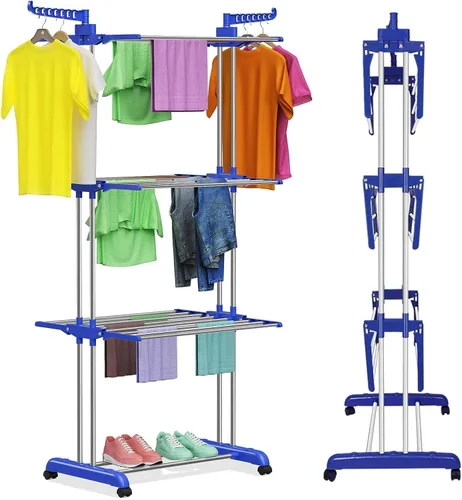 Vista 7 de Clothes Drying Rack Folding Clothes Rail 3 Tier Clothes Horses Rack Stainless Steel Laundry Garment Dryer Stand with Two Side Wings, Blue + Grey