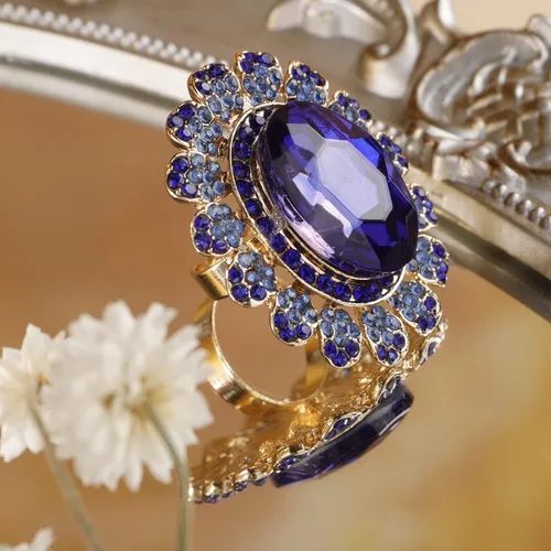Vista 5 de Anillo de declaración de cristal azul dorado antiguo para mujer, anillo ovalado de diamantes de imitación, anillo de cóctel exagerado, anillo