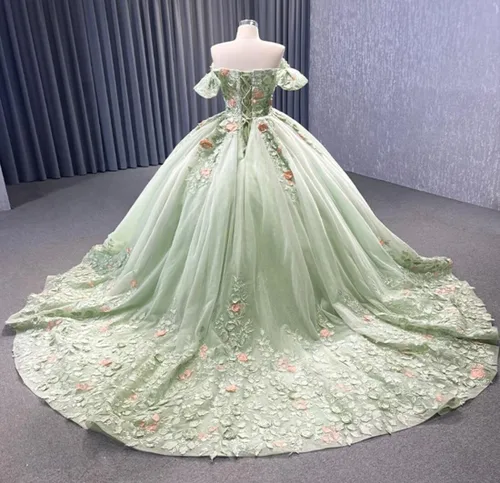 Vista 2 de Mauuwy Vestidos de quinceañera de flores florales de encaje de princesa, vestido de baile de tul brillante hinchado dulce 16 vestidos para fiesta
