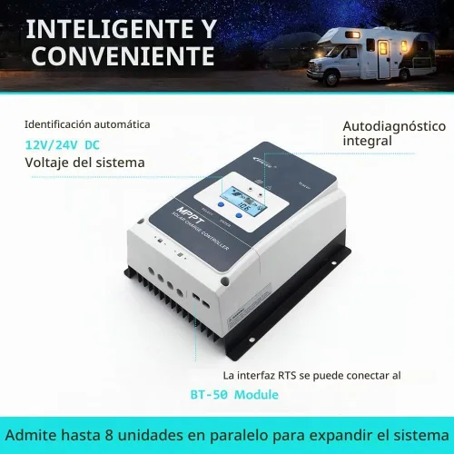 Vista 4 de EPEVER Controlador de carga solar MPPT 50A 12V/24V/36V/48V DC Identificación automática del voltaje del sistema Max.PV 150V Regulador del panel