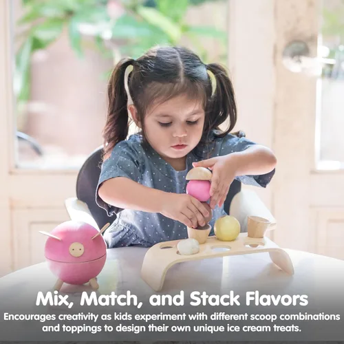 Vista 5 de PlanToys® Juego de helado de madera para niños Incluye soporte, cucharas y conos Comida de juego de simulación de postres para niños pequeños