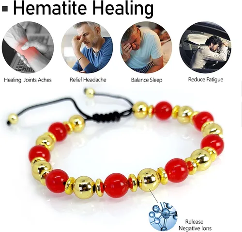 Vista 3 de Pulsera de triple protección trae felicidad, buena suerte, relación de protección para amigos, familia, ónix rojo, dorado, pulsera de hematita