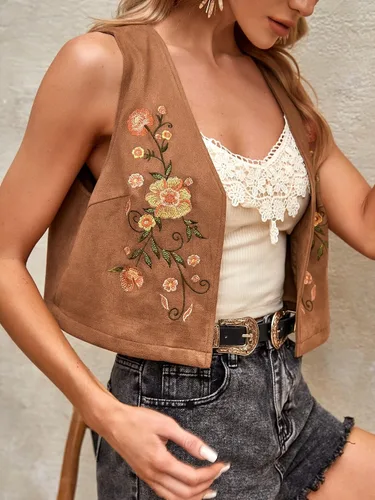 Vista 3 de Verdusa Chaleco de vaquera sin mangas con bordado floral para mujer