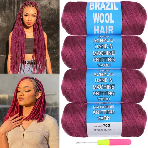Vista 12 de COOKOO 2 rollos de hilo de lana brasileña color negro natural para cabello trenzado de ganchillo, trenzas, torsión, urdimbres, torsión senegalesa