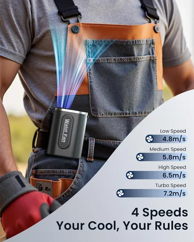 Vista 2 de SLENPET Ventilador de clip de cintura, cinturón portátil de 18000 RPM con 4 velocidades, batería de 4000 mAh, 0.34 libras, uso máximo de 12 horas