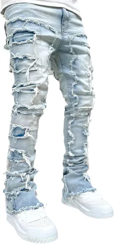Vista 3 de Jeans apilados para hombre, pantalones de mezclilla rectos desgastados desgastados, ajustados sólidos rasgados, pantalones cargo Harajuku