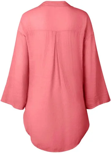Vista 5 de Camisetas de verano con botones para mujer, estilo casual, cuello en V, manga larga, dobladillo irregular, camisas de lino y algodón de gran