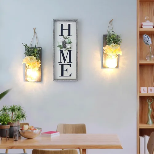 Vista 30 de Decoración rústica de madera para colgar en la pared con tira de luces LED para sala de estar y dormitorio modernos, estilo campestre inspirador