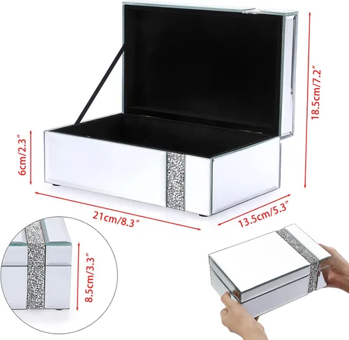 Vista 2 de ELLDOO Joyero de cristal con espejo con decoración de tiras de diamantes triturados, caja organizadora de lujo para baratijas, caja decorativa, caja