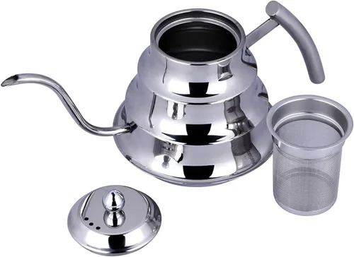 Vista 4 de Cafetera de acero inoxidable con boquilla de cuello de ganso, hervidor de café de goteo de mano de 1.2L, cafetera de té y café con tapa