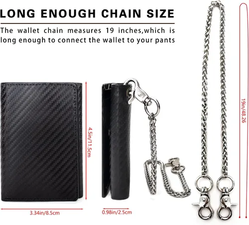 Vista 4 de boshiho Carteras de cuero auténtico con bloqueo RFID para hombre, billetera de doble pliegue con bolsillo para monedas con cremallera, con cadena
