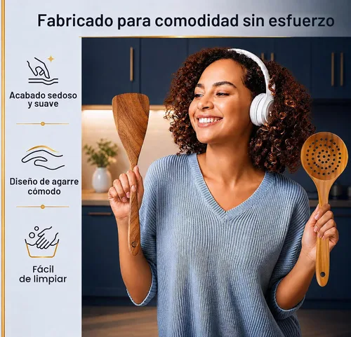 Vista 6 de Juego de utensilios de madera de teca extra grandes de 4 piezas, espátula de madera antiadherente para cocinar, cuchara espumadera y cuchara