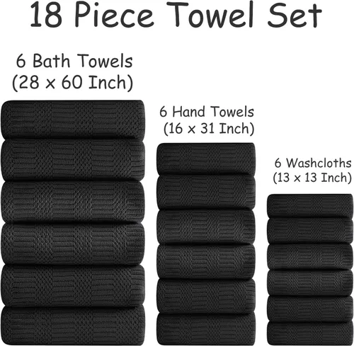 Vista 5 de 18 piezas de toallas tejidas negras familiares - 6 sábanas de baño, 6 toallas de mano, 6 toallitas de poliéster suave, toallas de ducha absorbentes