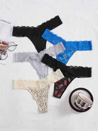 Vista 2 de COZYEASE Conjunto de 5 piezas de bragas de encaje en contraste para mujer con estampado gráfico