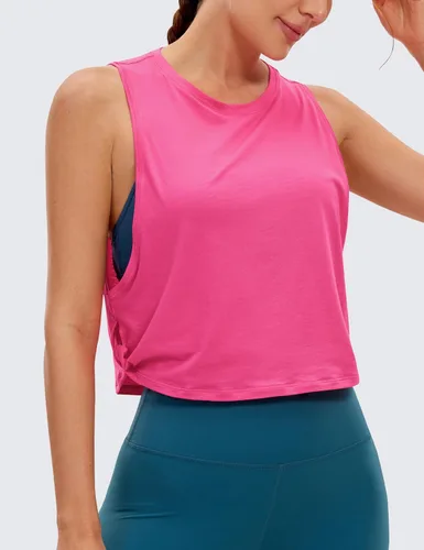 Vista 2 de CRZ YOGA Pima - Camiseta corta de algodón para mujer, camisetas deportivas sin mangas, atléticas, yoga, correr, gimnasio, entrenamiento, ombligueras