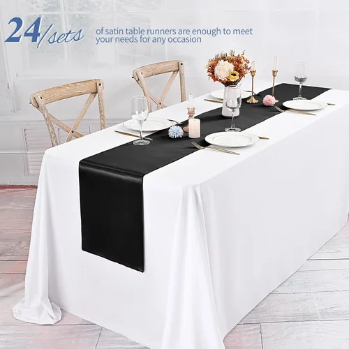 Vista 5 de Paquete de 24 caminos de mesa de satén negro de 12 x 72 pulgadas de largo, seda brillante, tela suave, dorada, para fiesta, boda, recepción