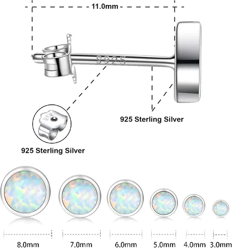Vista 2 de White Gold Plated Sterling Silver Opal Stud Earrings 3mm-8mm Options, Simulated Opal Dot Studs Hypoallergenic Jewelry