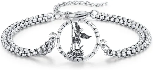 Vista 39 de Pulsera unisex de San Miguel/Cristóbal/Benedicto/Jude/José/Guadalupe/Ángel de la Guarda/Santa Muerte Pulsera de plata de ley 925 con cadena de doble