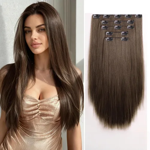 Vista 19 de Extensiones de cabello sintético con clip, color burdeos de 18 pulgadas de largo, invisibles, gruesas, extensiones de cabello lacio con clips, 5