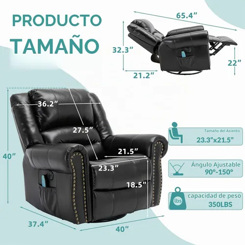 Vista 2 de MEETWARM Sillón reclinable giratorio de masaje con calor y vibración, mecedora manual mecedora, silla reclinable giratoria de 360° con control Negro