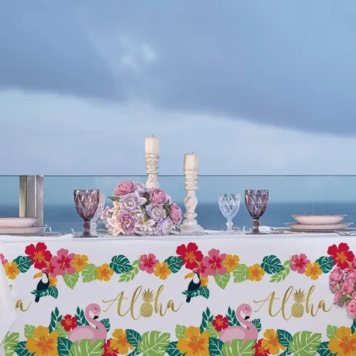 Vista 3 de Suministros para fiesta tropical Luau de flamencos, mantel desechable de plástico impermeable para decoraciones de fiesta de playa hawaiana, 3