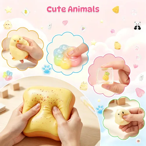 Vista 5 de Paquete de 33 juguetes esponjosos, coloridos juguetes esponjosos con bonita caja de juguetes para fiestas, mini animales esponjosos, alivio