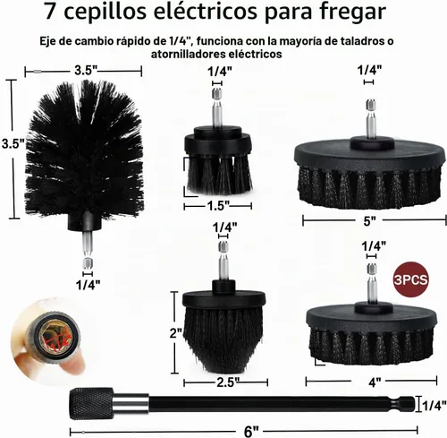 Vista 4 de Juego de accesorios de cepillo de taladro, paquete de 7 cepillos de limpieza eléctrica de 1/4 pulgadas + varilla larga extendida, accesorio de Negro