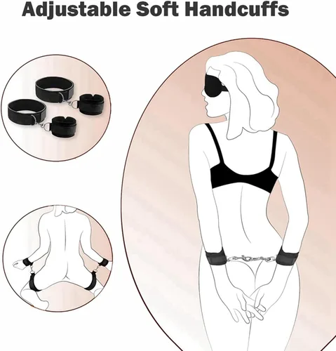 Vista 4 de Juego de 5 juguetes sexuales BDSM Bondage, esposas peludas, juego de puños de mano para adultos adultos para dormitorio, kit de sujeción de cama
