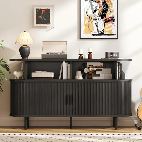 Vista 6 de Soporte redondo grande para tocadiscos de 55 pulgadas con estación de carga, gabinete de almacenamiento de discos de vinilo, soporte moderno