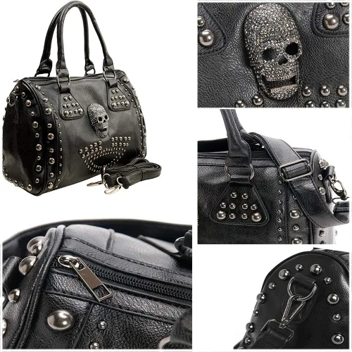 Vista 4 de Bolso de hombro para mujer con gran capacidad, estilo gótico con calavera, con tachuelas, estilo doctor
