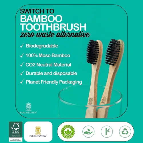 Vista 4 de Juego de 4 cepillos de dientes de bambú natural, cerdas medianas sin BPA, ecológicos, mango biodegradable, infusión de carbón y base orgánica