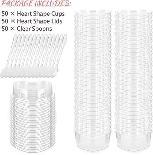 Vista 8 de Paquete de 50 tazas de postre en forma de corazón de 5 onzas con tapas y cucharas, mini tazas de postre para servir en fiestas, parfait, queso
