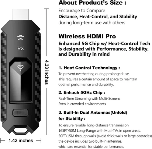 Vista 6 de Transmisor y receptor HDMI PRO- inalámbrico, kit extensor portátil para múltiples televisores, plug and play, control de calor, 5.8G/2.4G @60Hz 165