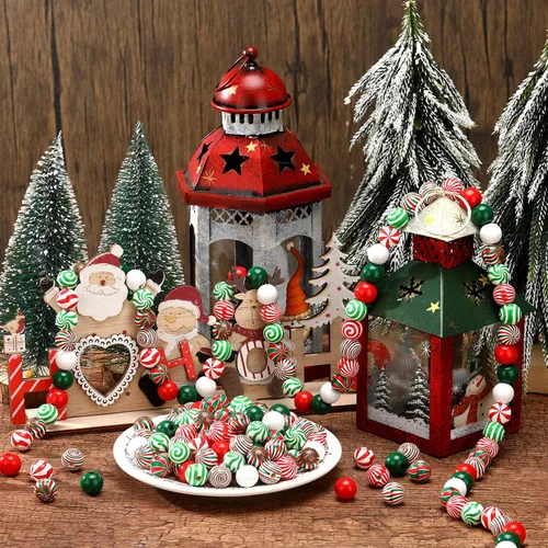 Vista 4 de 180 cuentas de madera de Navidad, cuentas de madera de bastón de caramelo, cuentas de madera de remolino para manualidades, cuentas de caramelo