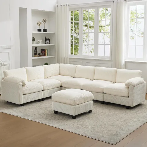 Vista 35 de Sofá modular de 61 pulgadas con otomana, asiento extra profundo para sala de estar, sofá de asiento profundo de pana con almohadas para Beige