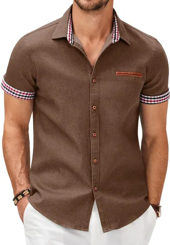 Vista 24 de COOFANDY Camisas casuales de manga corta de algodón con botones para hombre Verde militar