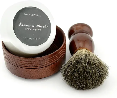 Vista 3 de Grandslam Cepillo de afeitar de pelo de tejón puro, taza de madera natural, juego de peluquero de jabón hecho a mano