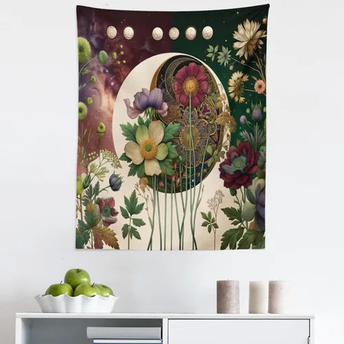 Vista 26 de Ambesonne Tapiz verde, fases lunares alrededor de un árbol de la vida, impresión de diseño bohemio de astrología nocturna, decoración de tela