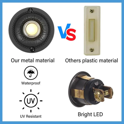 Vista 4 de Botón de timbre iluminado de metal resistente, interruptor de timbre de puerta LED redondo negro de 2 pulgadas, botones montados en la pared