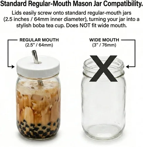 Vista 7 de (4 pajitas de té Boba, 4 tapas de tarro Mason y 2 limpiadores de pajitas) Wide reusable stainless steel boba straws with mason jar lids and