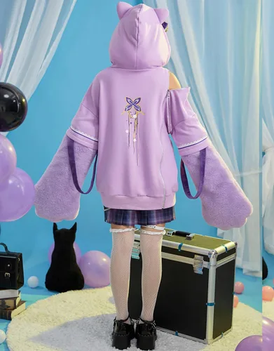 Vista 5 de Cosplay.fm Disfraz de anime para mujer, sudadera con capucha con bolsa desmontable, guantes de pata de gato, sudadera con capucha