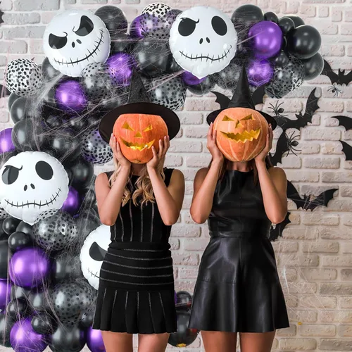 Vista 5 de Kit de guirnalda de arco de globos para decoración de Halloween, 101 piezas de globos de látex de confeti morado metálico y negro mate, con globos